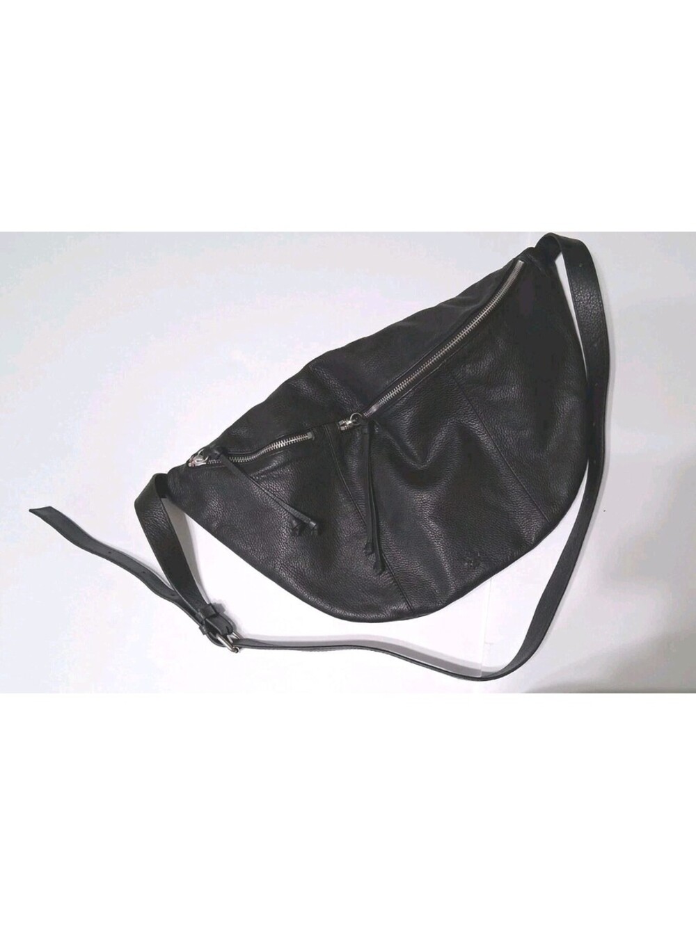 Lucky, Black Leather Crossbody Pouch Bag, Lined, Dbl. Zip, Adjustable Strap